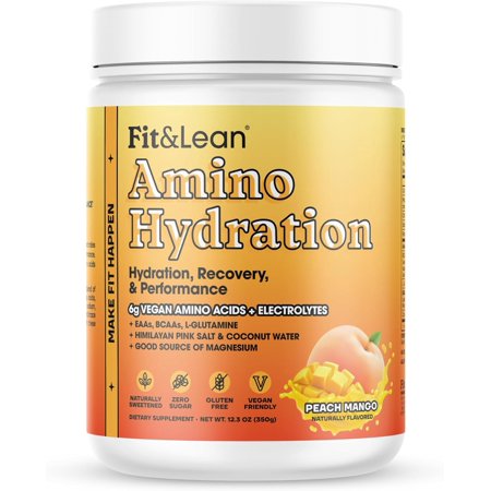 Fit & Lean Amino Hydration, Naturally Sweetened Workout Recovery Drink, 6g Vegan Amino Acids, EAA, BCAA, Glutamine, Electrolytes, Peach Mango, 30 Servings