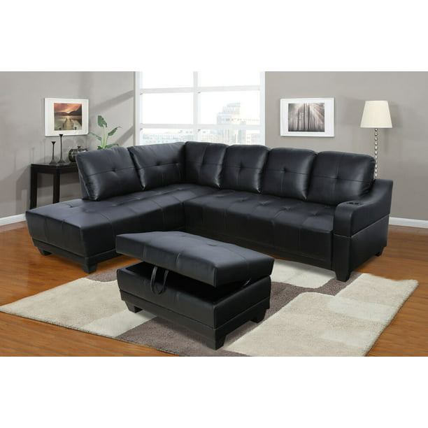 Ponliving Furniture 96 Wide Black, Black Leather Sofa With Ottoman