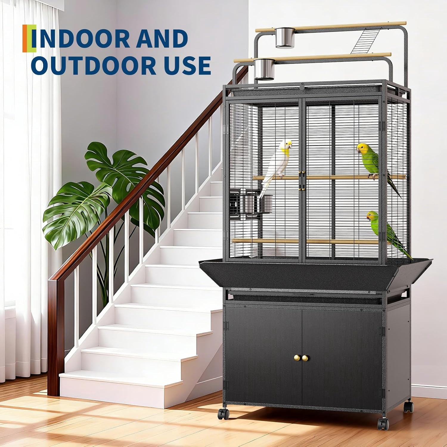 Rugerasy Large Rolling Metal Bird Cage with Play Top,Heavy Duty,Escape-Proof,Easy-Clean Tray,Storage Cabinet,Stand & Wheels,Black