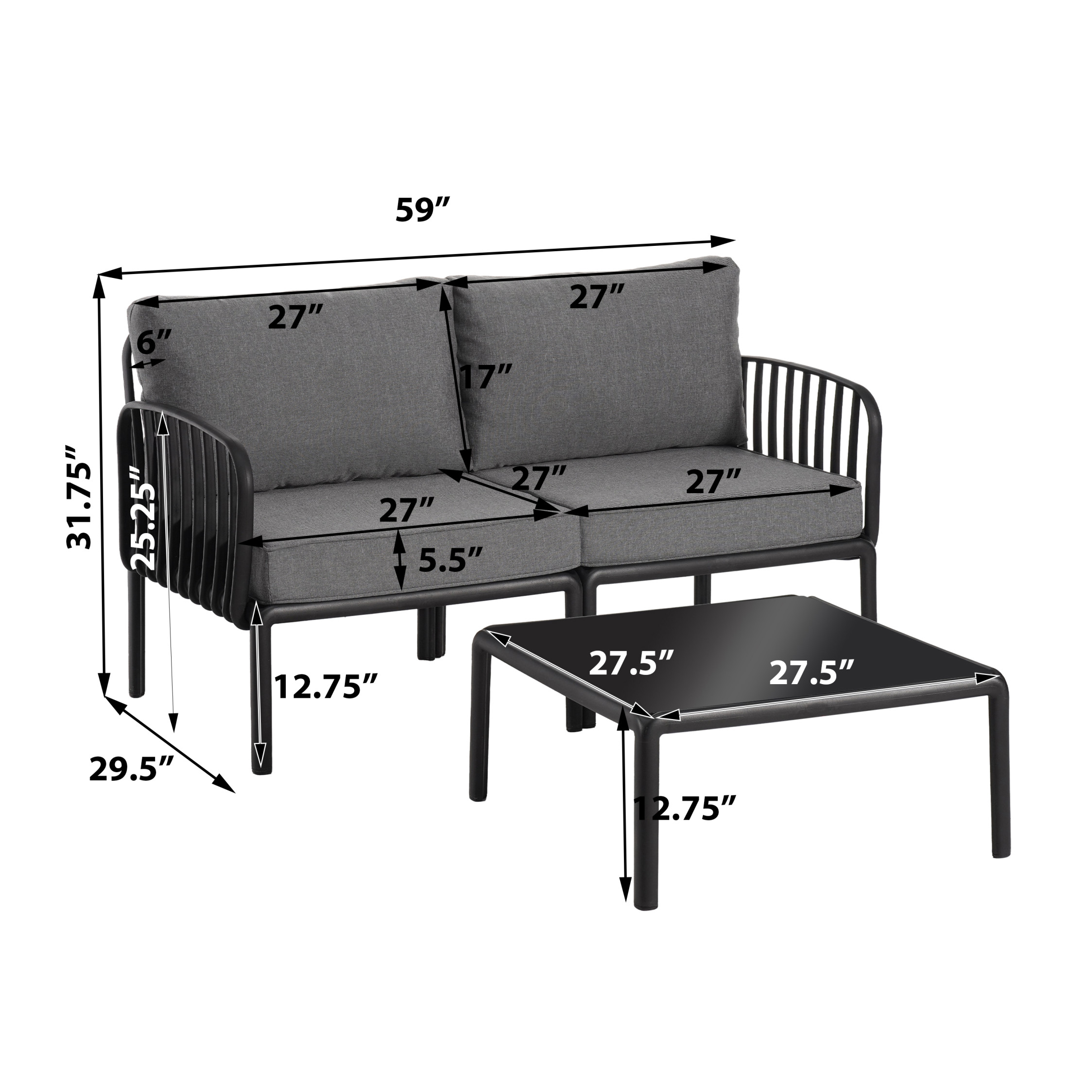 Orion Modern Outdoor Patio Chat Set, 59" Loveseat and Square Coffee Table, Waterproof Cushion, Black+Dark Gray