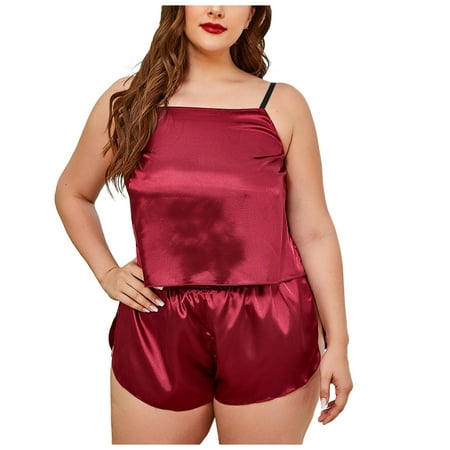 

BIZIZA Sleepwear for Women Silk Soft 2 Piece PJ Sets Nightwear Cami Top and Shorts Loungewear Pajama Set Red XXXXL