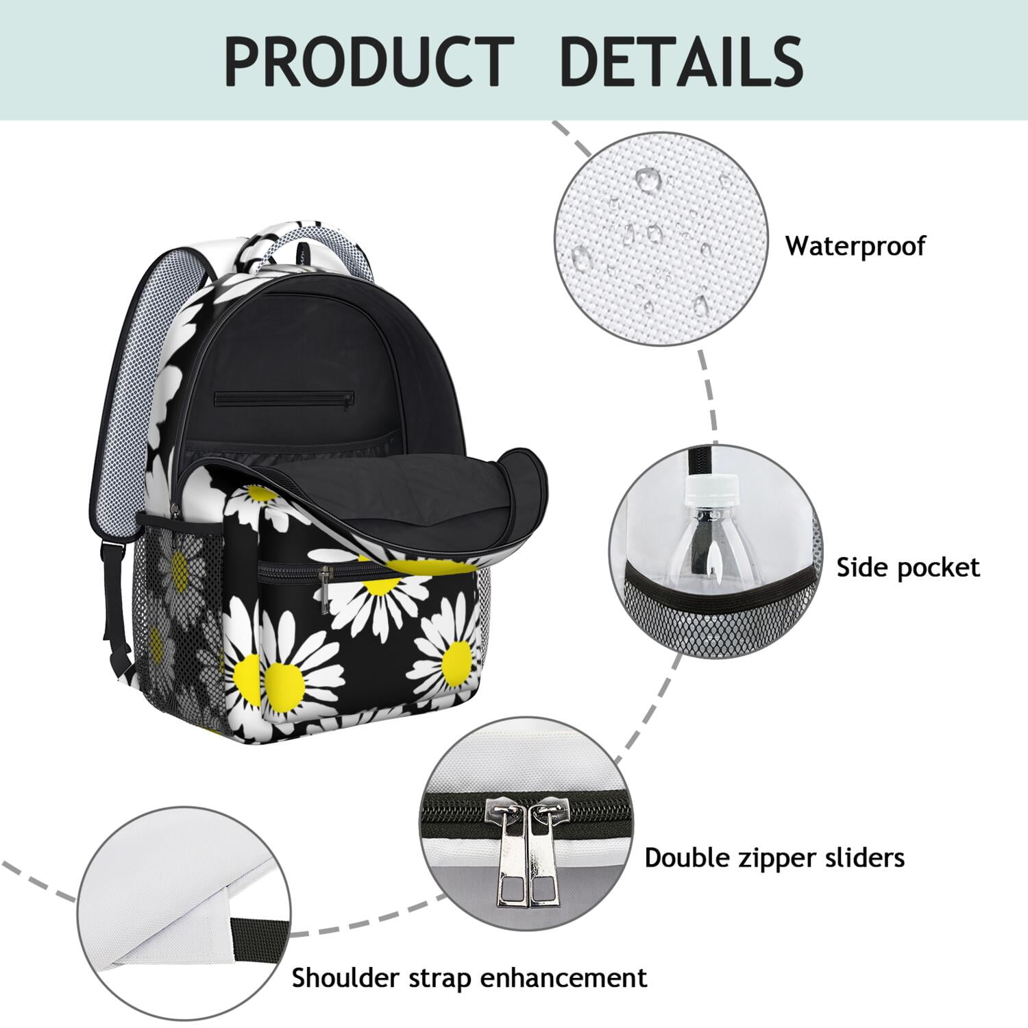 Daisy and Bee Illustration Bookbag - Ergonomic Spinal Support & Waterproof for Commuters