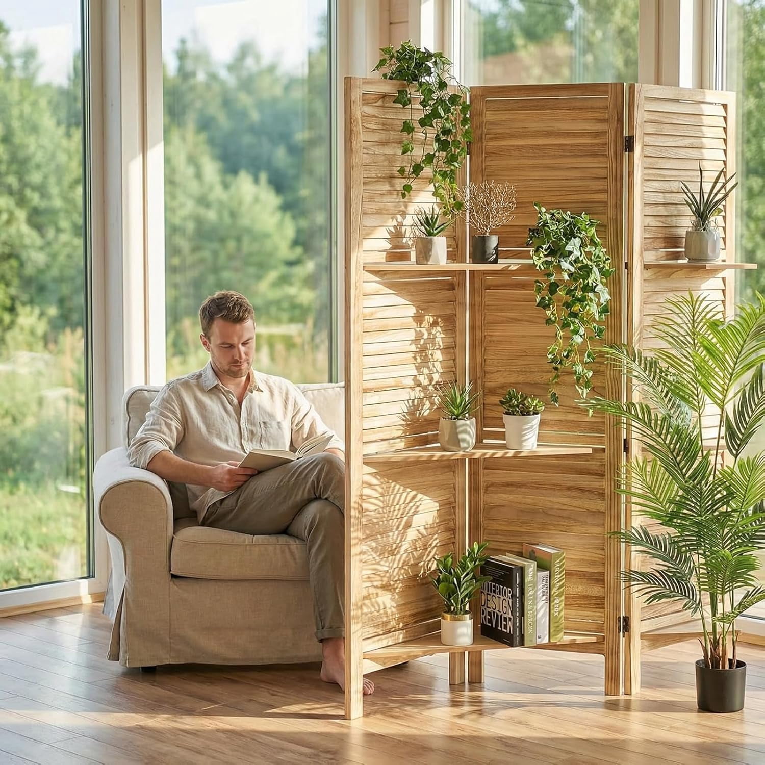 4 Panel Bamboo Room Divider with Shelves, Lightweight Privacy Screen for Bedroom Home Office, No Assembly Required