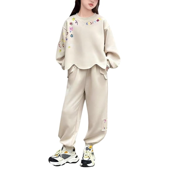 YunPes Fashion Lounge Sets for Girls Wave Edge Crewneck Print Pullover Sweatshirt & Jogger Pants Casual Baggy Kids Fall Outfits