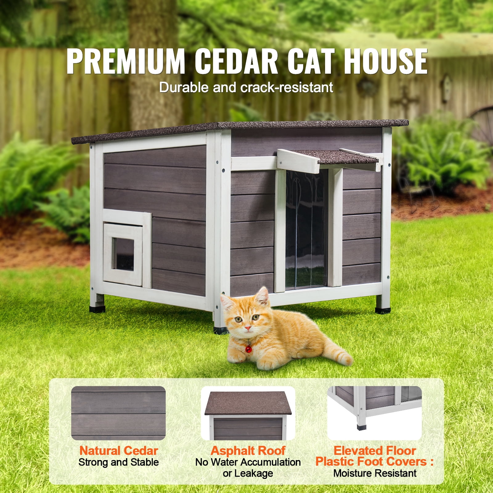 KFFKFF Cat Wooden Shelter 24"L x 21"W x 18"H, Weather-Resistant Outdoor Cat Home with Viewing Window, Insulated Small Animals House