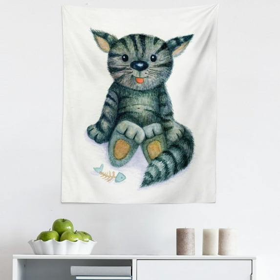 Cat Tapestry, Happy Teddy Cat Illustration with a Dead Fish Skeleton Cartoon Toy Humor Print, Fabric Wall Hanging Decor for Bedroom Living Room Dorm, 5 Sizes, Grey Cream, by Ambesonne