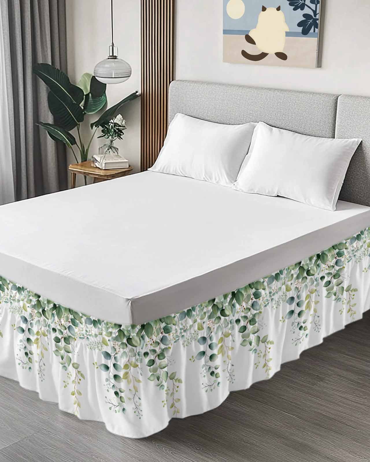 Sage Green Eucalyptus Wrap Around Bed Skirts for Queen Bed 18" Drop,Bed Skirt with Adjustable Elastic Belt Dust Ruffle Bed Valance for Bedroom Hotel Pastoral Watercolor Leaf Fruit Bed Frame Cover