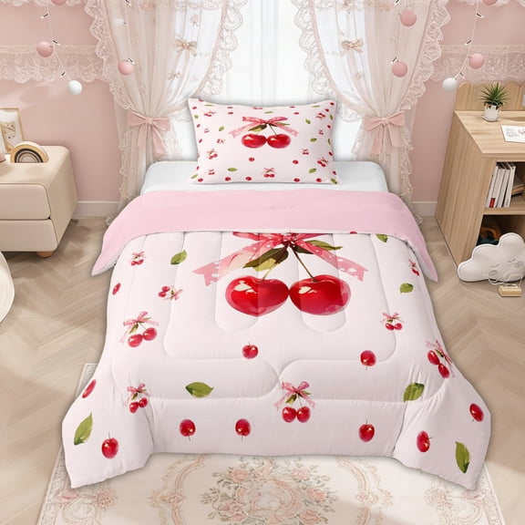 Manfei Red Cherry Bow Print Twin Comforter Sets for Girls, Sweet Fruit Ribbon Bows Bedding Set, Pink Reversible, 2pcs