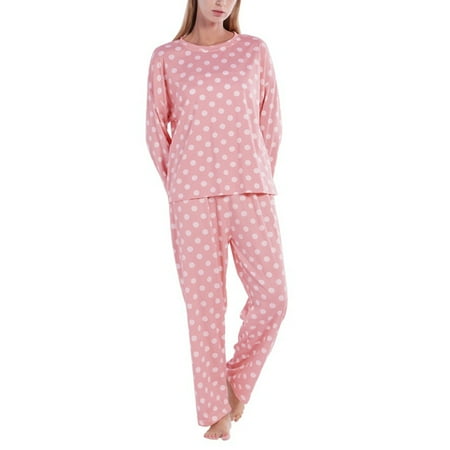 

Monfince Women Pajamas Set Polka Dots Print Sleepwear Long Sleeve Round Neck Top with Long Pants 2-Piece Sleepwear Soft Comfy Loungewear PJs Pink S-2XL