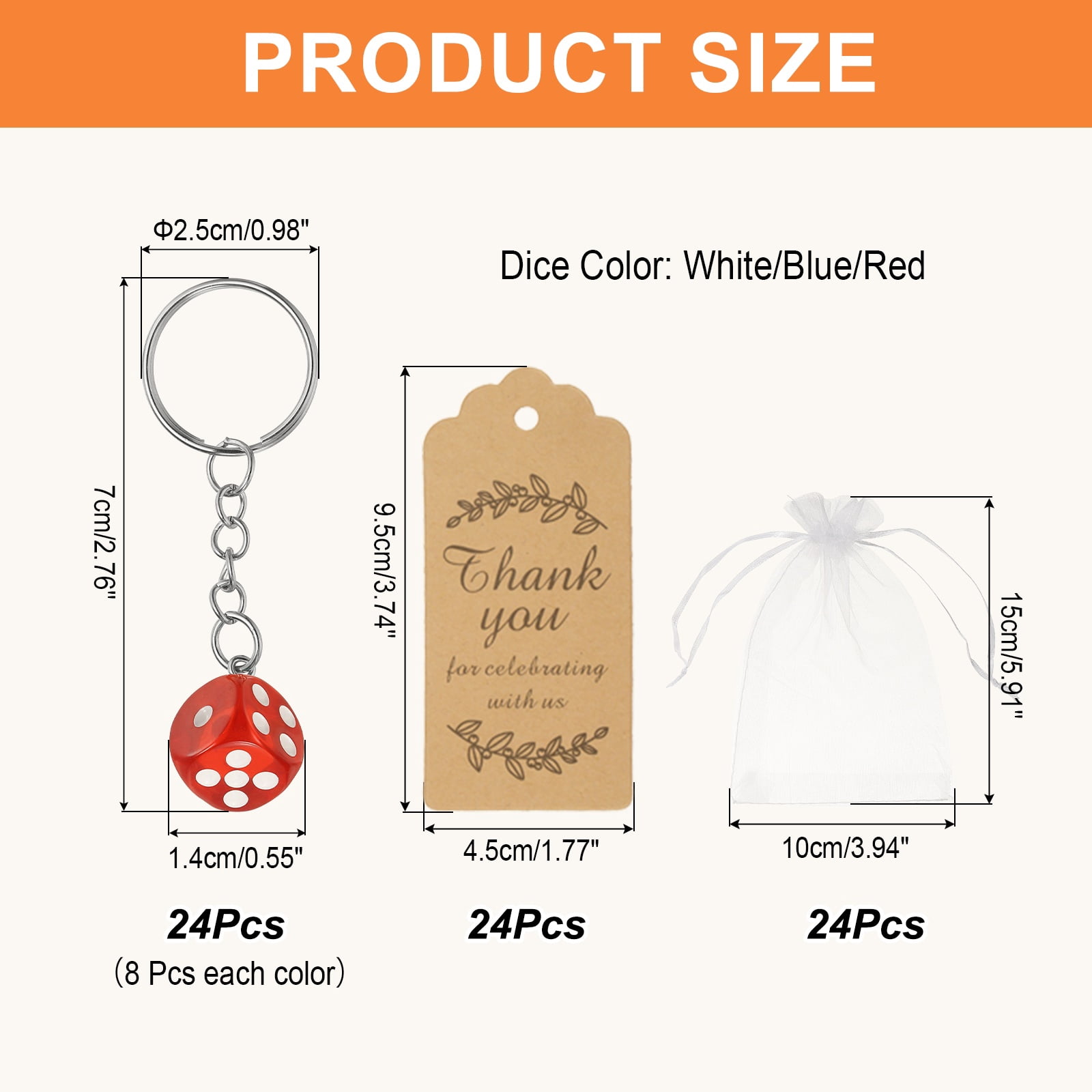 Uxcell Dice Key Chains Bulk with Jute Twine Gift Tag/Mesh Bag, Creative Keyring Charm Pendant for Bag Wallet Purse Car Cellphone Accessories, White/Blue/Red