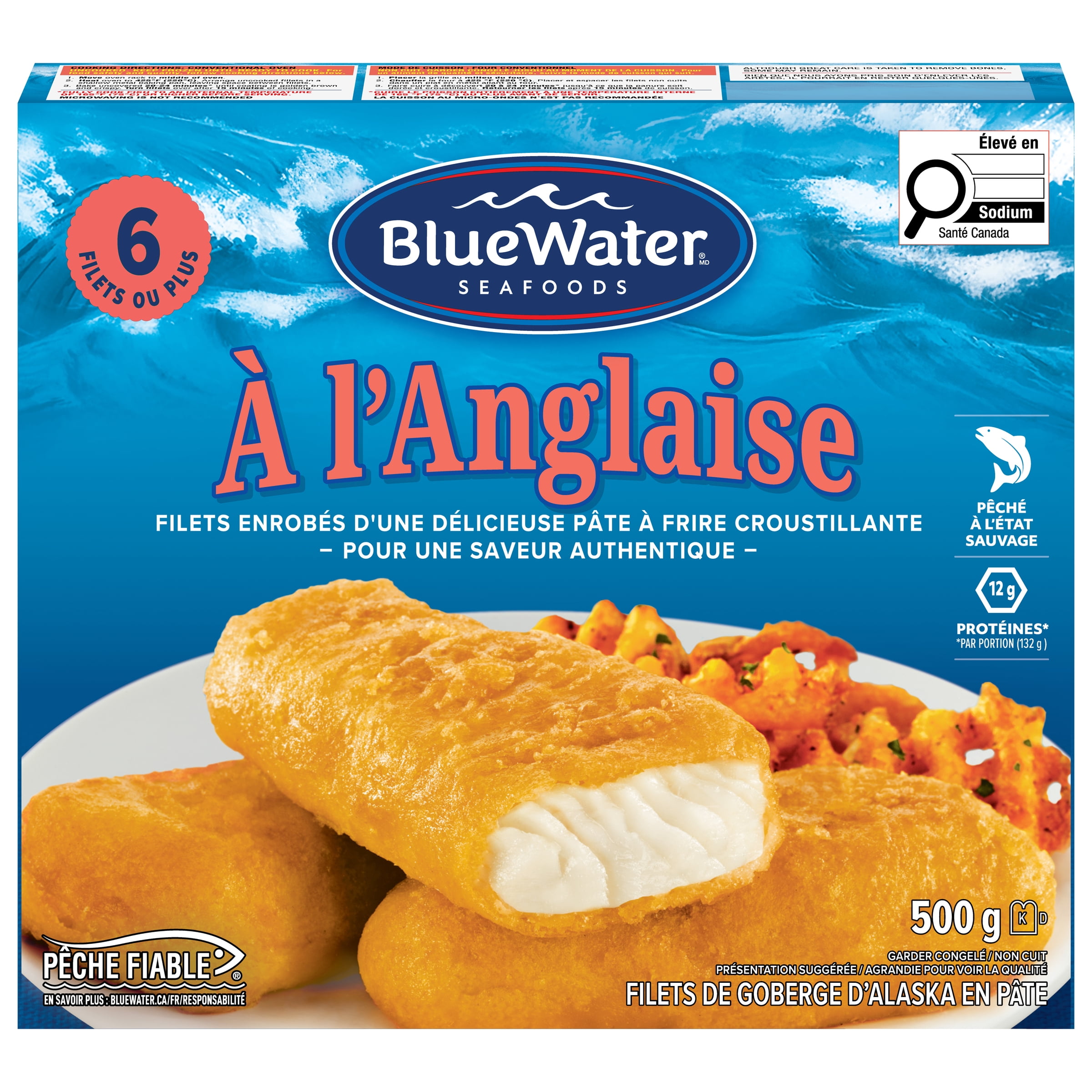 BlueWater Seafoods English Style Fish, Wild Caught Pollock, Frozen, 6 Count, 500 g Package, English style wild-caught pollock fillets