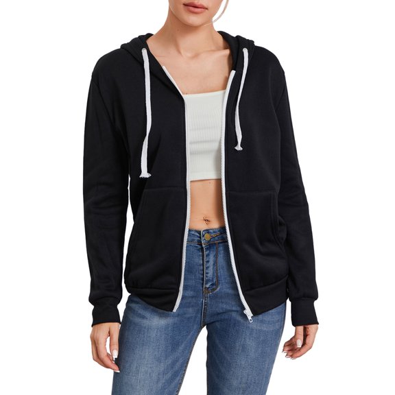 Scyoekwg Womens Zip Up Hoodie Jacket Long Sleeve Hooded Drawstring Sweatshirt Coat Cute Fall Casual Jacket with Pockets Hoodies for Teen Girls Black M