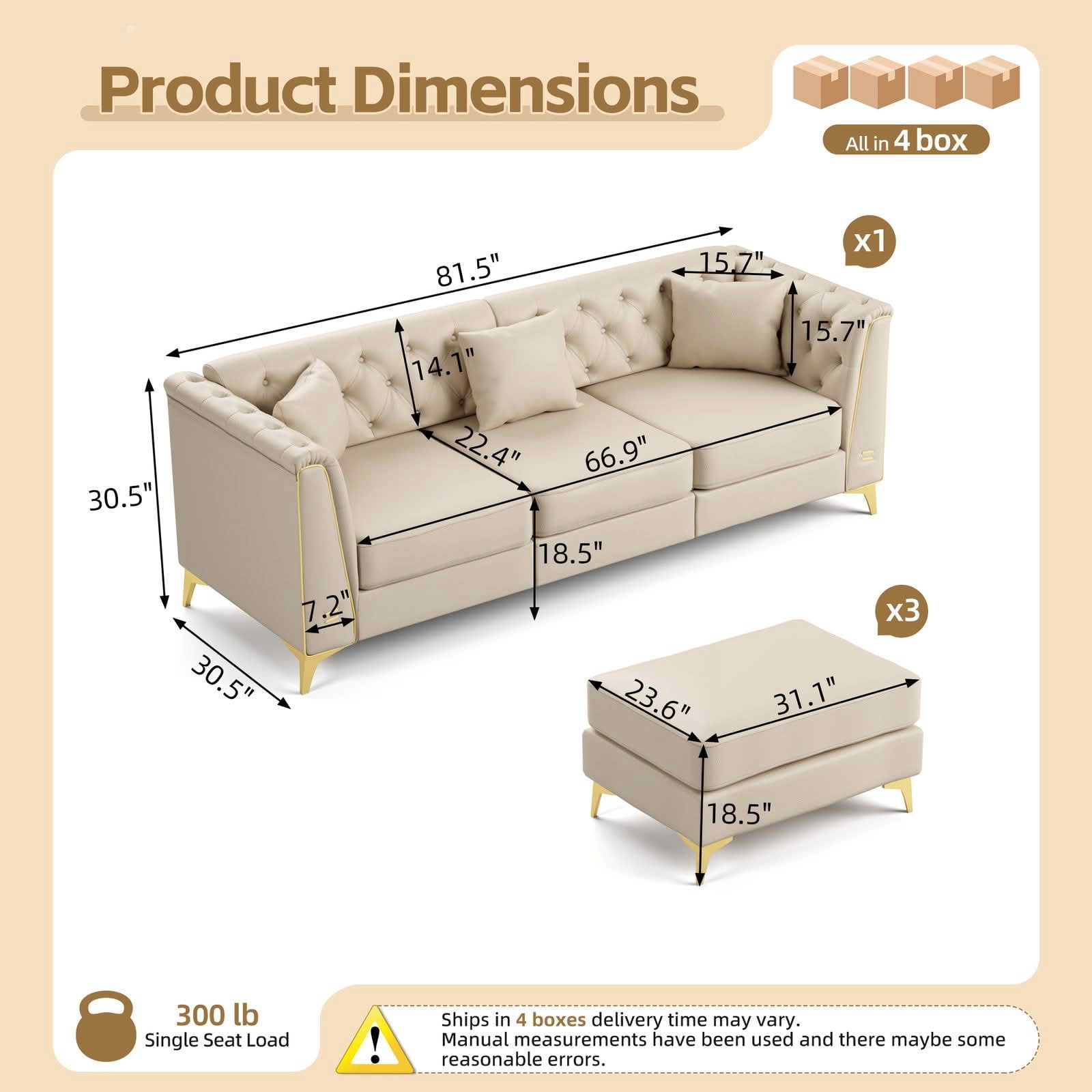 MAYEERTY 81.5" Light Luxury Modular Chesterfield 3‑Seater Sofa with 2 Ottomans, Faux‑Leather Couch, Button Tufting, Metal‑Trim Armrest & Slim Metal Legs, 3 Pillows Included