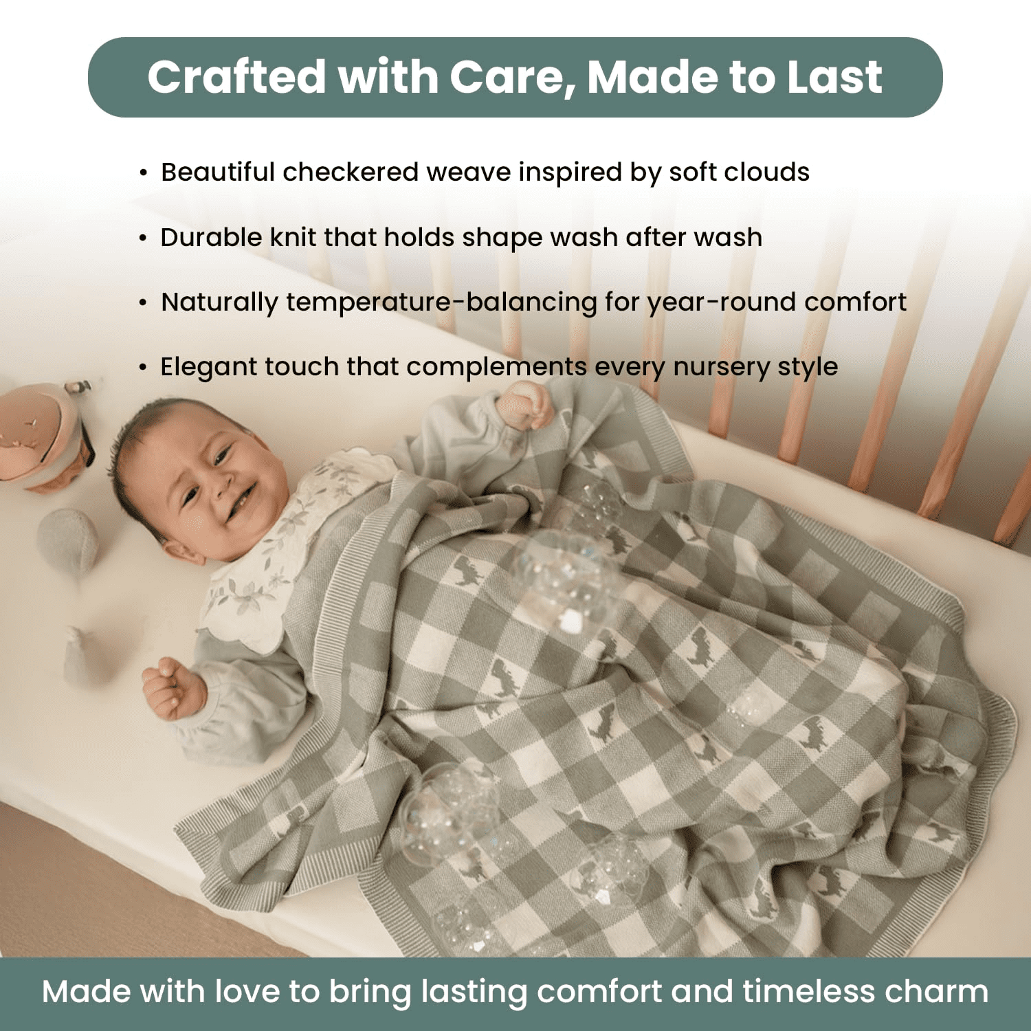 Gender-Neutral Checkered Baby Blanket 30x40 Inches, Green Dinosaur – 100% Organic GOTS Certified Cotton, Soft and Lightweight, Perfect for Swaddling
