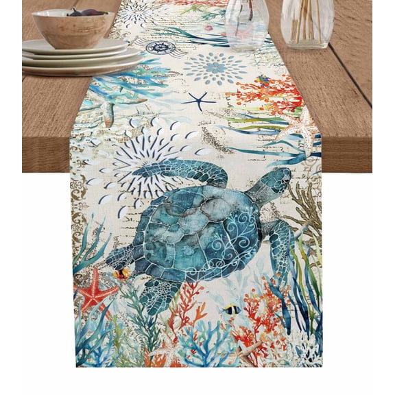 ERUNPONLY Sea Turtle Coastal Table Runner - 120 Inch Long Vintage Beach Coral Starfish Nautical Cotton Linen Blended Dress Scarves Farmhouse Table Runner for Kitchen Dining, Coffee Table, 13"x120"