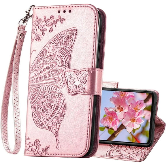 Designed for Moto G Play 2023 Case Wallet,Women Flip Protective Cover with Credit Card Holders Butterfly Embossed PU Leather Wrist Strap Phone Case for Motorola Moto G Play 2023 (Rose Gold)