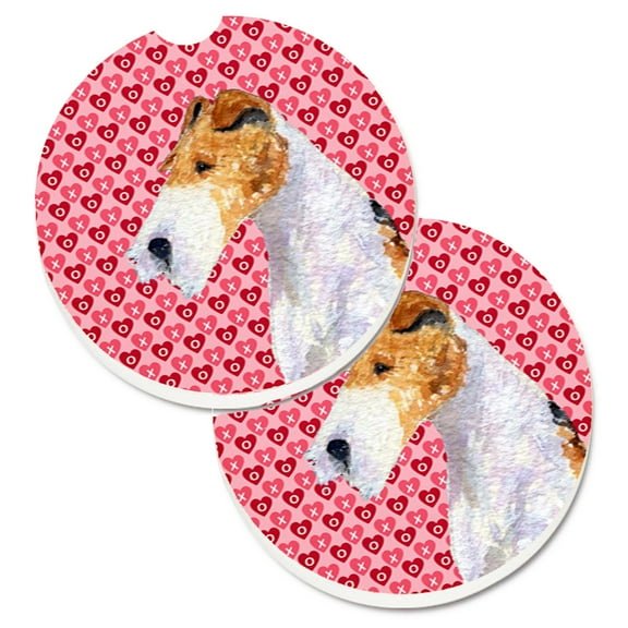 Fox Terrier Hearts Love and Valentines Day Portrait Set of 2 Cup Holder Car Coasters
