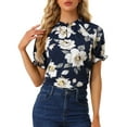 thumbnail image 1 of INSPIRE CHIC Women's Blouse Floral Ruffled Short Sleeve Ruffle Neck Casual Blouses L Dark Blue, 1 of 6