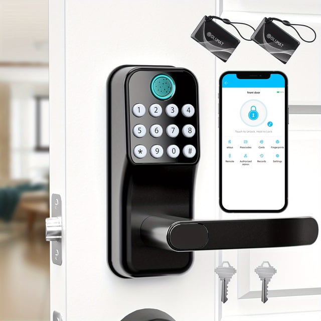 HLONK Keypad Smart Door Lock with Handle Keyless Entry Door Lock - Door Lock with Keypad Code - Fingerprint Door Lever Lock Deadbolt Alternative - Waterproof for Front Door Garage
