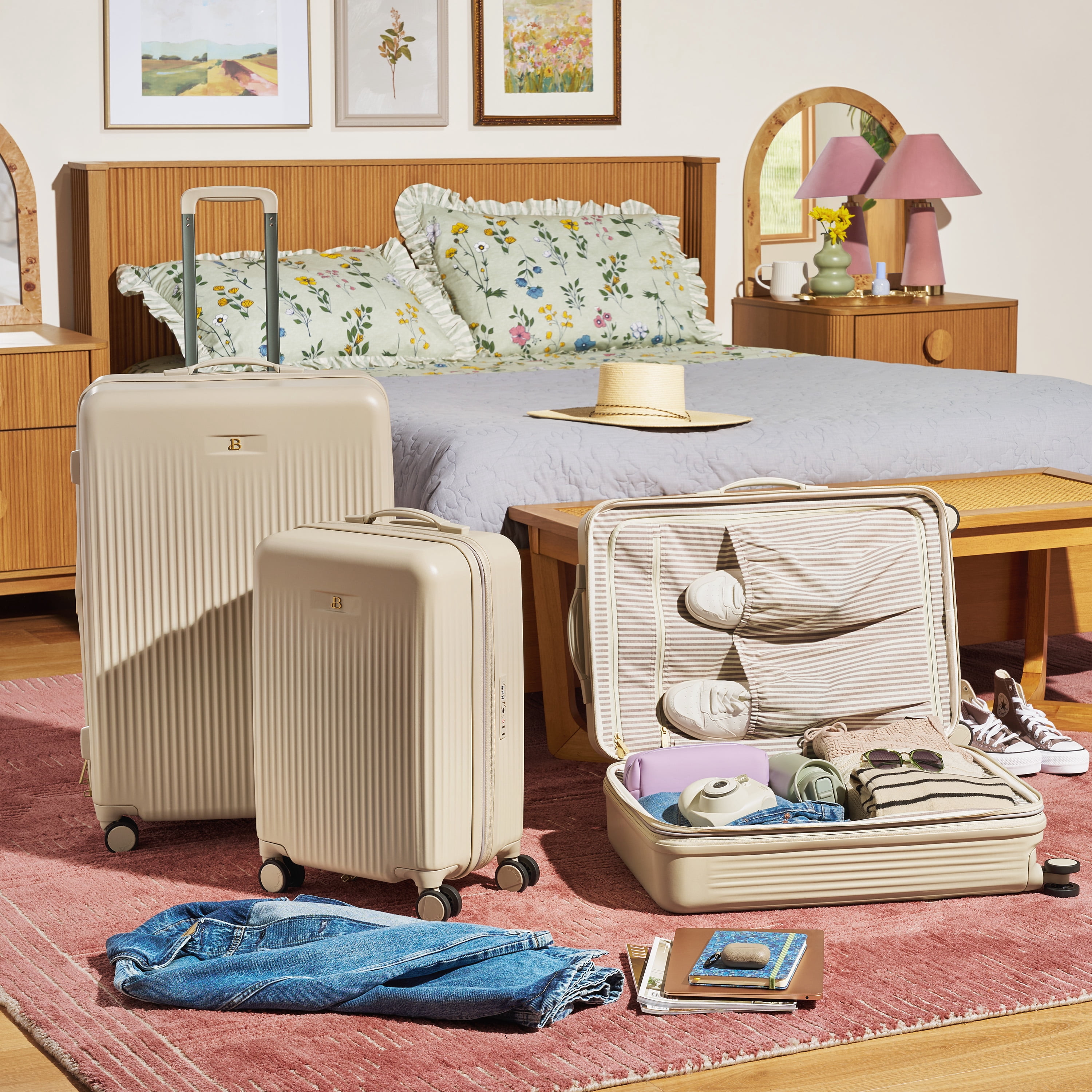 Beautiful 28-inch Checked Expandable Hardside Upright Luggage by Drew Barrymore, Porcini Taupe
