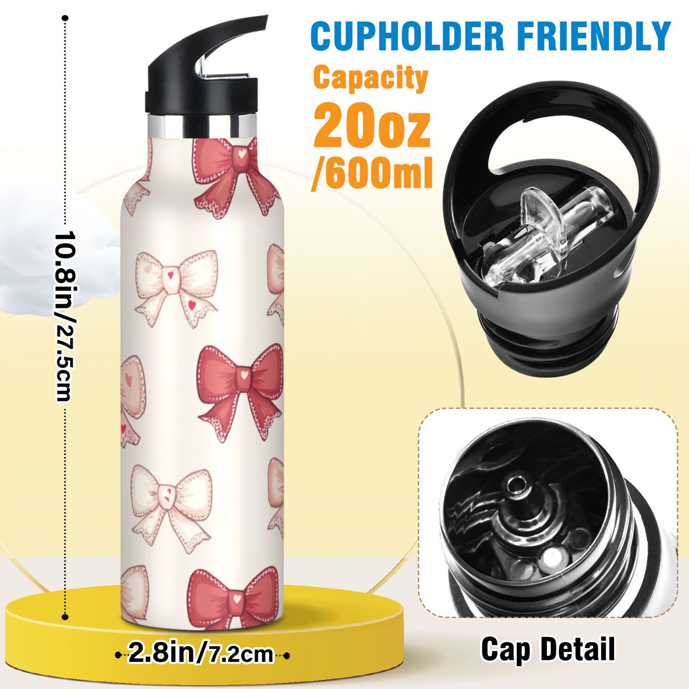 Kids Insulated Stainless Steel Sports Water Bottle 600ml (20oz) Pink and Red Bows