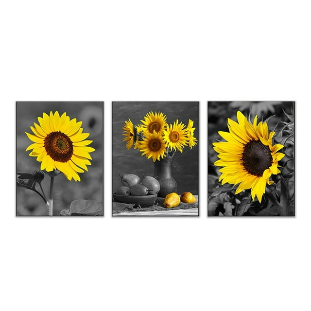 Kearding 3 piezas negro blanco girasol pintura lienzo girasol impresiones arte de pared impermeable amarillo pintura para oficina dormitorio sala Decoración del hogar Kearding HA019466-00