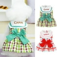 thumbnail image 2 of opvise Dog Dress with Traction Ring Button Closure Plaid Print Letter Embroidered Bowknot Design Thin Puppy Princess Dress Green, 2 of 7