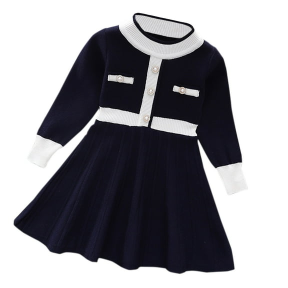 Wangmeiwg Girls' Dresses Elegant Girls Long Sleeve Knitted Winter Dress with Round Neck for and Festive Celebrations 18-24 Months Navy