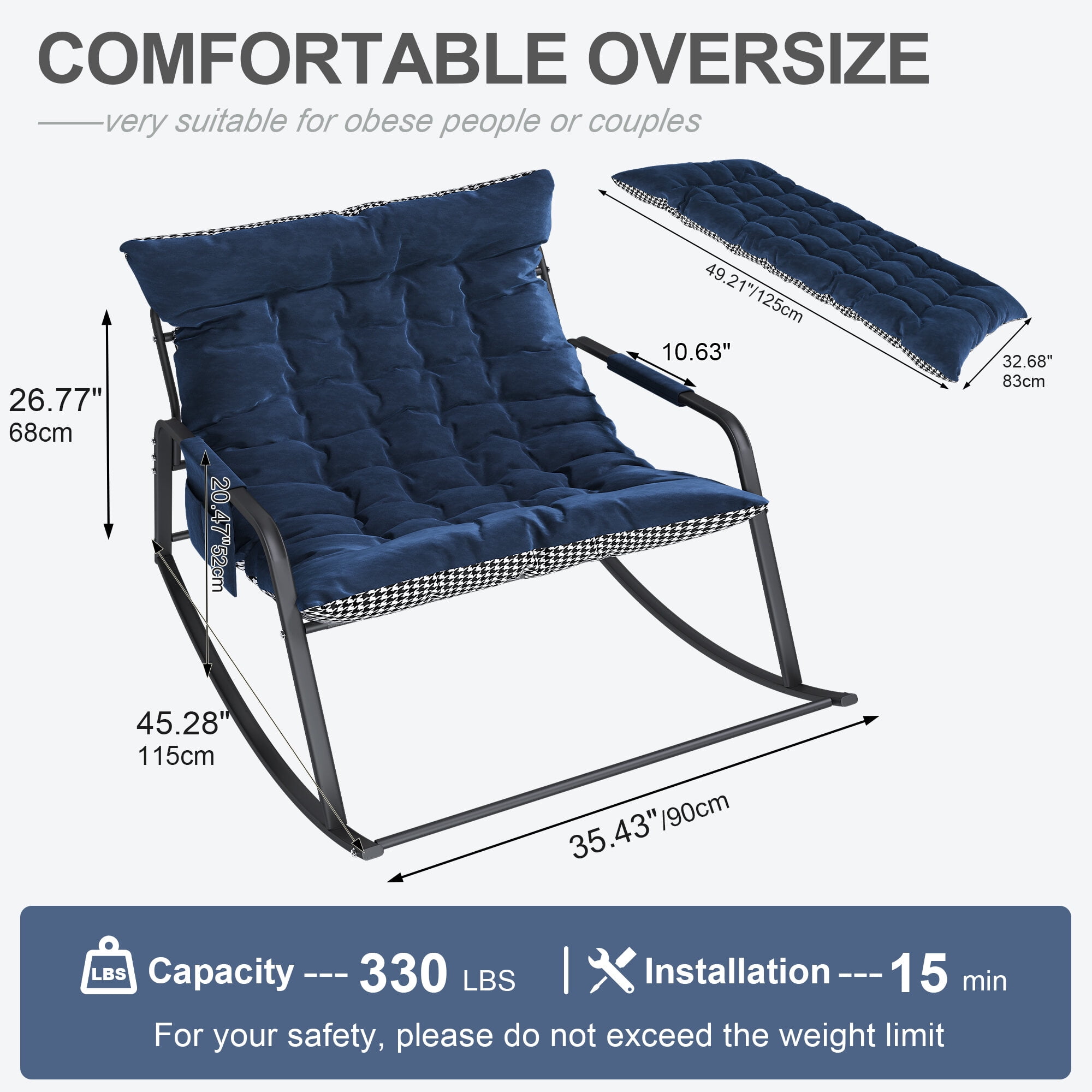 Outdoor Rocking Chairs Rocking Chair with Storage, Cushions & Armrests, All-Season Comfort Lounge Recliner, Breathable Ergonomic Lounge Chair for Bedroom, Living Room, Patio, Garden(Blue),Indoor Rock