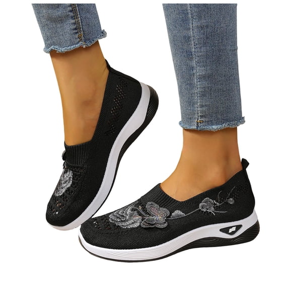 Rokment Womens Butterfly Embroidered Ortho Walking Shoes Ethnic Retro Casual Knit Comfortable Arch Support Platform Wedge Slip on Driving Nursing Loafers Tennis Non Slip Work Sneakers Black Size 6