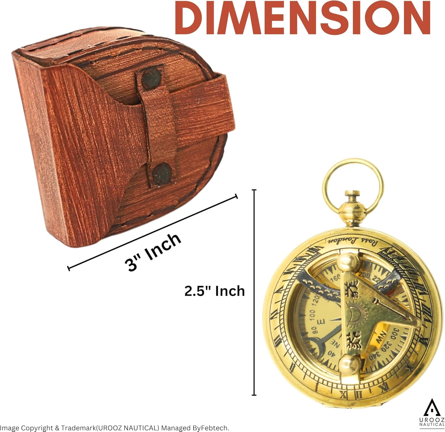 Solid Brass Sundial Compass in Leather Case | Pocket Chain Compass Graduation Day Gifts for Men, Birthday Gifts for Men/Boys, Father to Son Gifts, Baptism Gifts for Boys