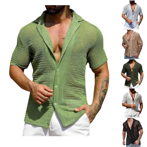 Agkizg Short Sleeve Knit Collared Top Breathable Mesh Hollow Out Lightweight Summer Shirt (Men's or Men's Big & Tall)