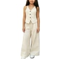 thumbnail image 2 of Girls 2 Piece Outfits Elegant Sleeveless Button Down Suit Elastic Wide Leg Pant Summer Dressy Casual Outfit with Pockets Beige 11-12Years, 2 of 9