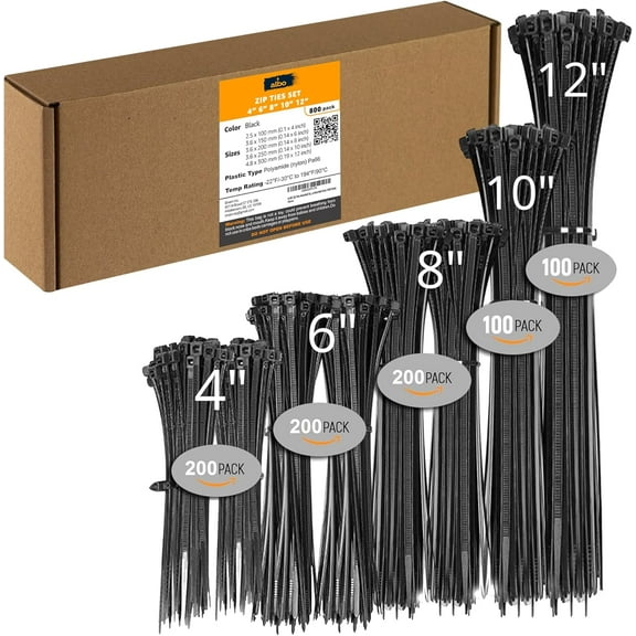 ALBO Multipack Zip Ties Assorted Sizes 800 Pack, UV Resistant Nylon Cable Ties 4-12 Inch Black