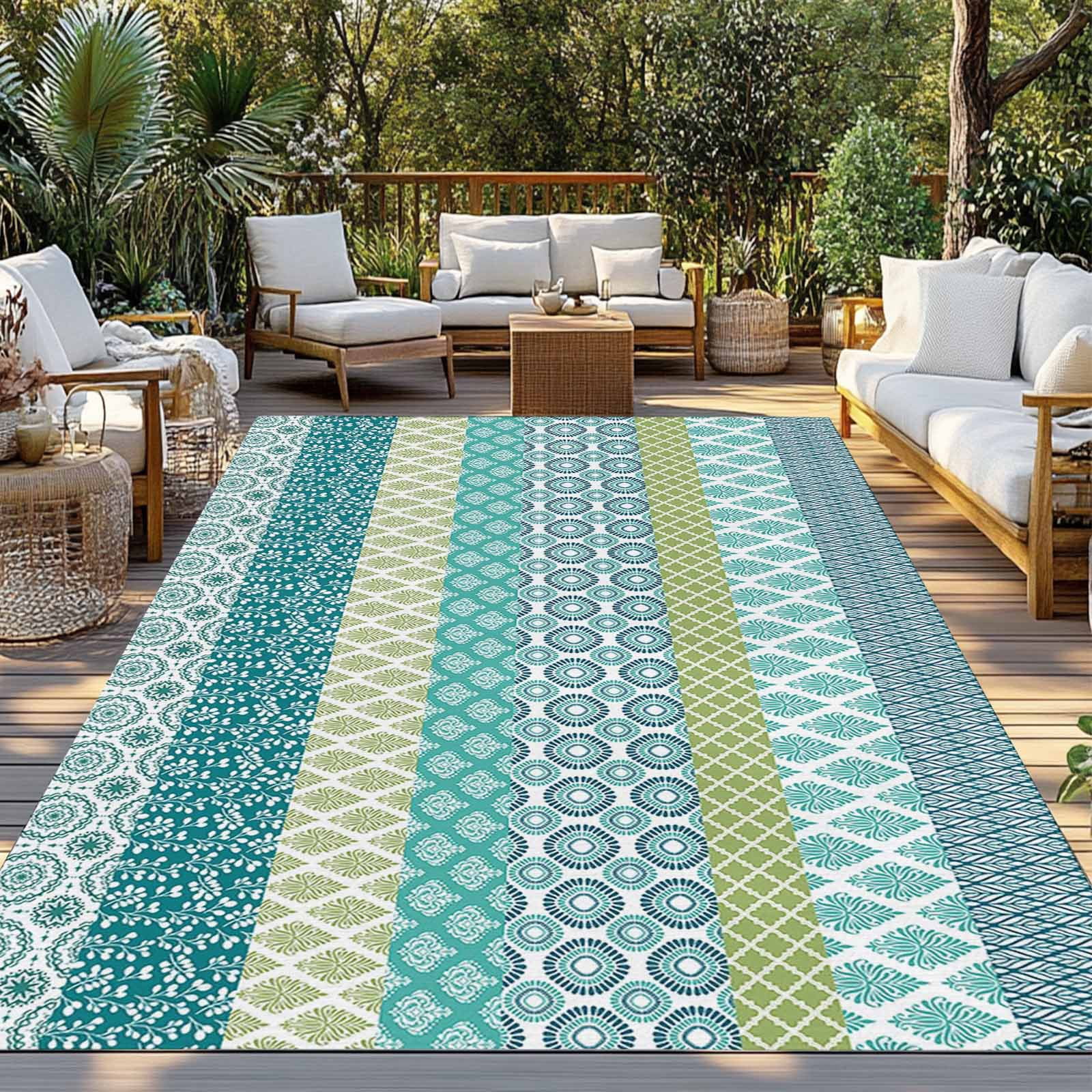 Outdoor Rug 5x8 ft Teal Blue Boho Waterproof Outdoor Patio Rug Mat Non Slip Outside Area Rugs Carpet for RV,Camping,Porch,Deck,Pool,Balconybackyard,Bohemian Geometric Pattern