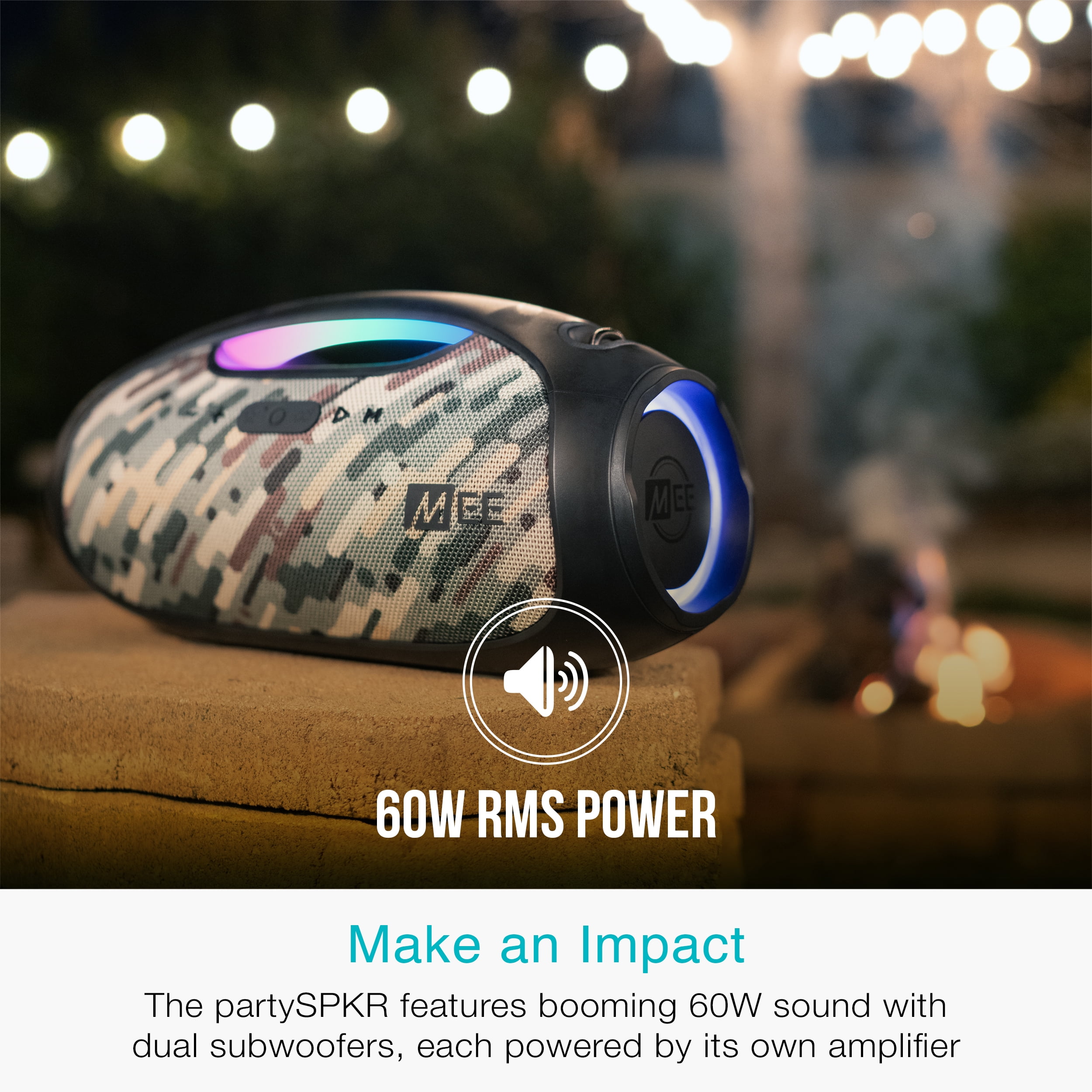 MEE audio partySPKR Bluetooth Wireless Speaker with Dynamic LED Lighting, 2 Subwoofers for Powerful Sound, Connect 100+ Together; Large Yet Portable for Indoor/Outdoor Use (Camo)