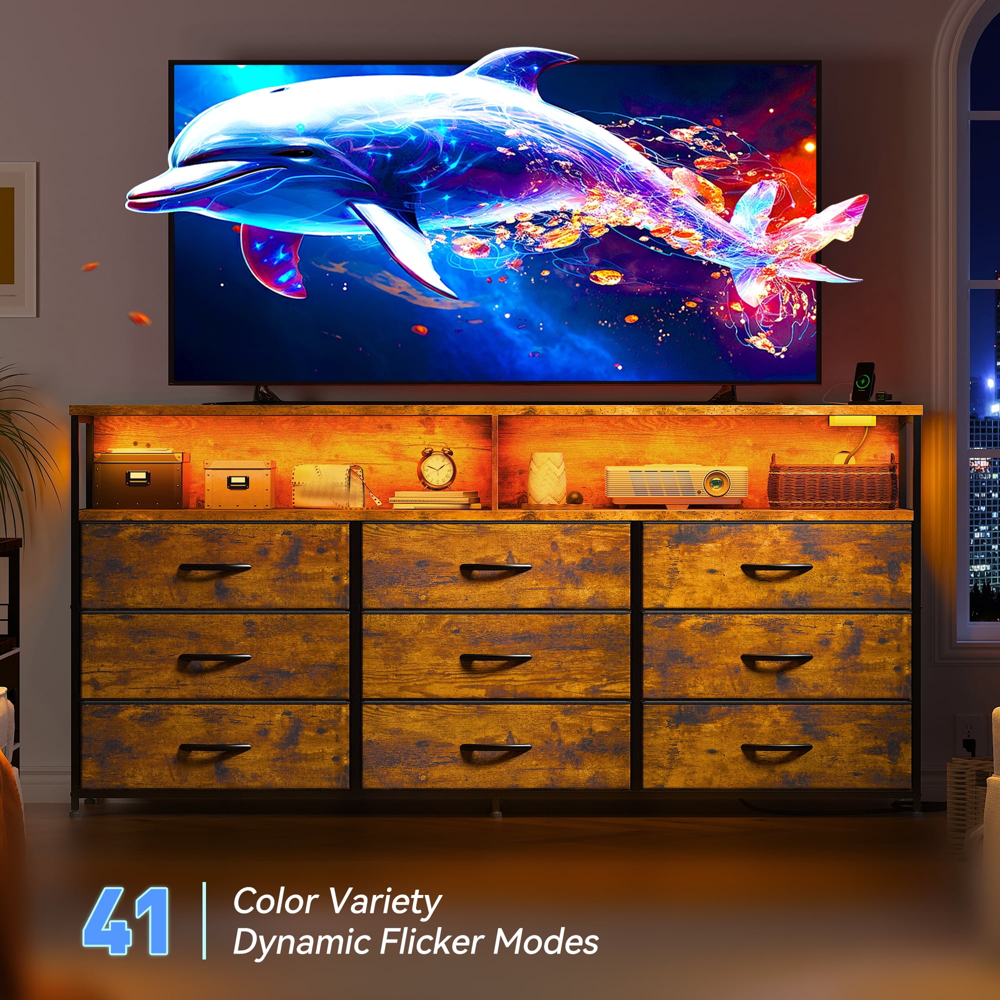 EnHomee 55” Long Dresser with Power Outlet & LED Lights TV Stand, 9 Fabric Drawers, Rustic Brown