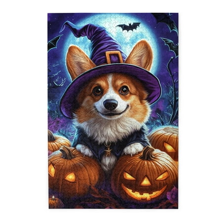 1000 PCS Moonlit Pumpkin Lamp Corgi Jigsaw Puzzles 1000 Pieces Stunning Artwork Funny Animal Holiday Gifts Drive The Festive Atmosphere Classic Wooden Puzzle Game Creative Activity Hobbies For Adults