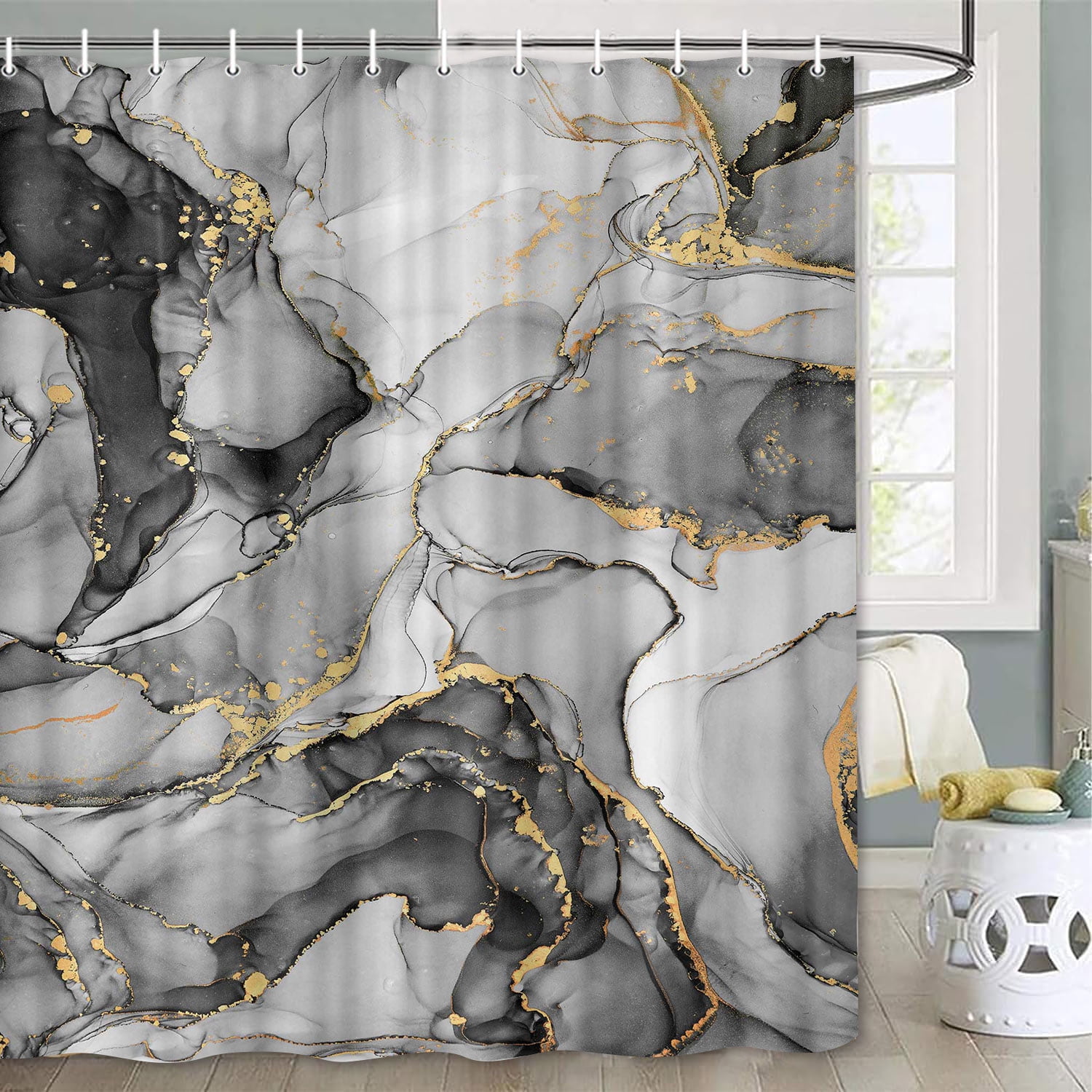 Gray Marble Bathroom Shower Curtain Set with Hooks 72X84in