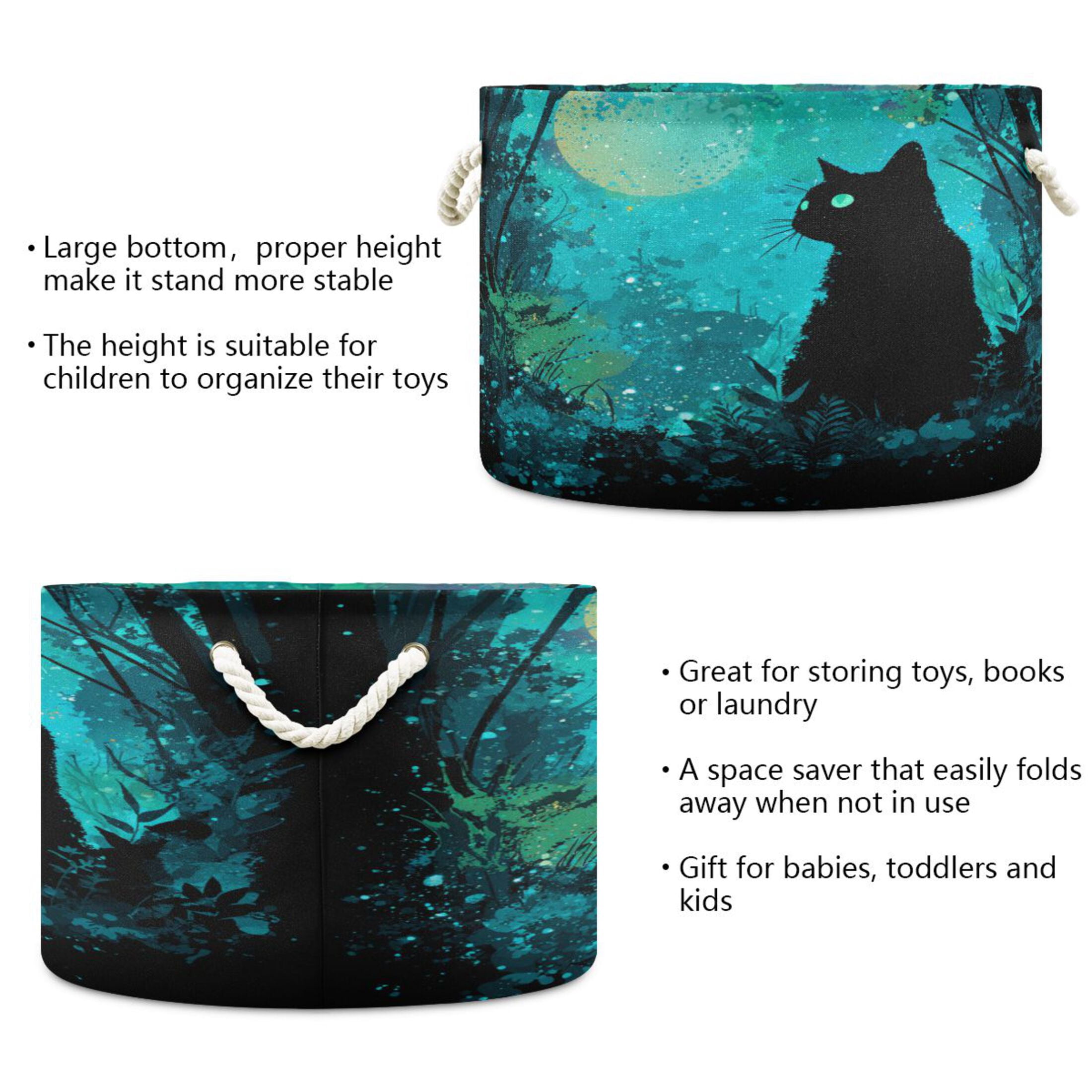 Round Toy Storage Basket Foldable Storage Basket for Home Decor Laundry Basket20" x 14" Magic Black Cat