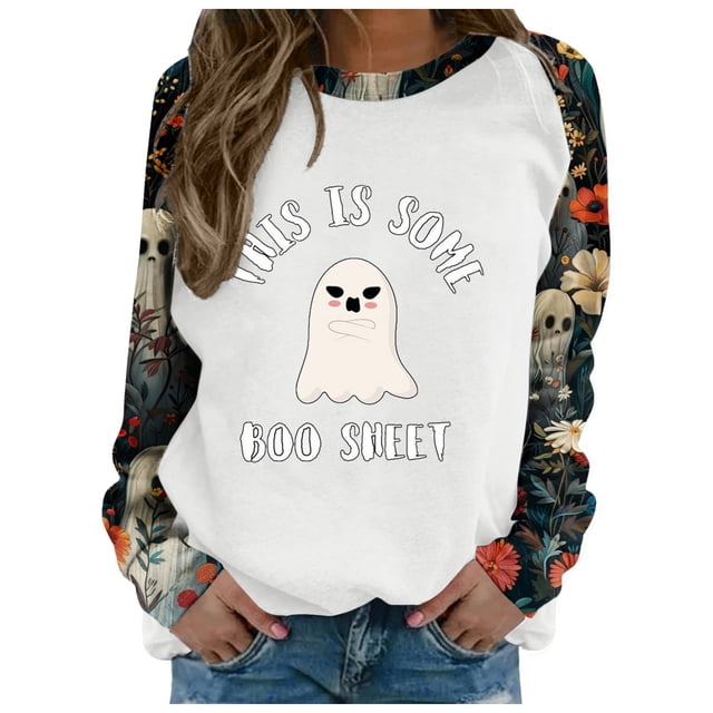 Chandail à Capuche Imprimé Halloween pour Femmes Manches Longues Décontracté Automne Mode Graphique Col Rond