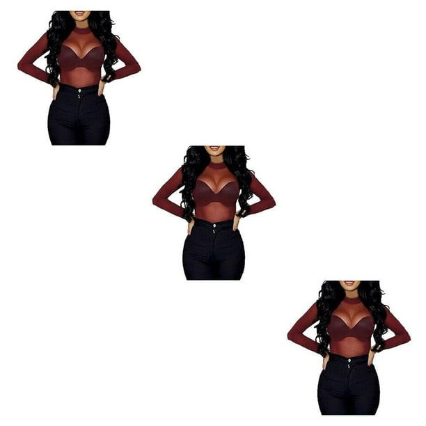 Qarigey Camiseta básica de mujer Sexy de manga larga transparente para mujer camiseta cuello lavable Tops para primavera negro S Type5 NO5 Qarigey CBP196771