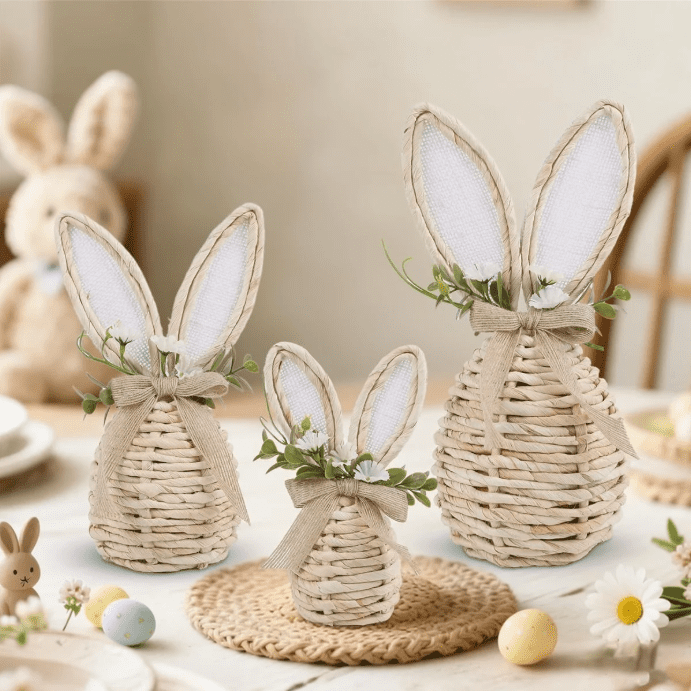 3-Piece Easter Bunny Basket Set - Natural Rattan Wicker Decor with Floral Accents & Spring Vibes