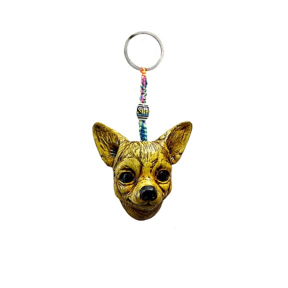 Chihuahua Dog Head Pet Animal 3D Figurine Keychain Multicolored Macramé Metal Ring - Handmade Gifts Boho Car Keys Bag Accessories