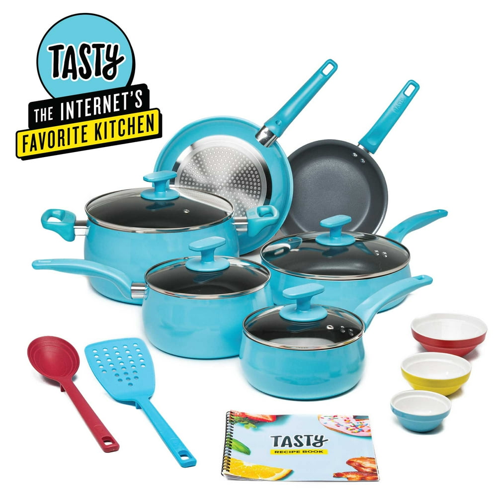 Tasty NonStick 16Piece Cookware Set, DiamondReinforced, Dishwasher Safe, Tasty Blue Walmart