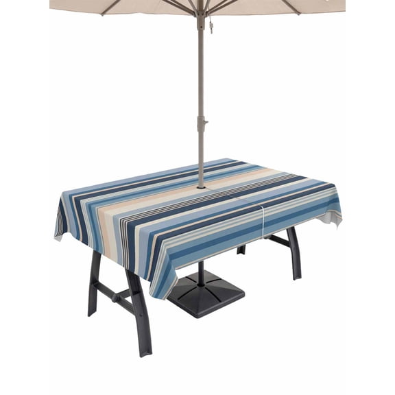 54x80 Inch Outdoor Tablecloth with Umbrella Hole Zipper Rectangle Blue Grey Beige Striped Rectangular Tablecloths Outside Waterproof Farmhouse Vintage Stripe Patio Table Cloth Cover for Picnic Party