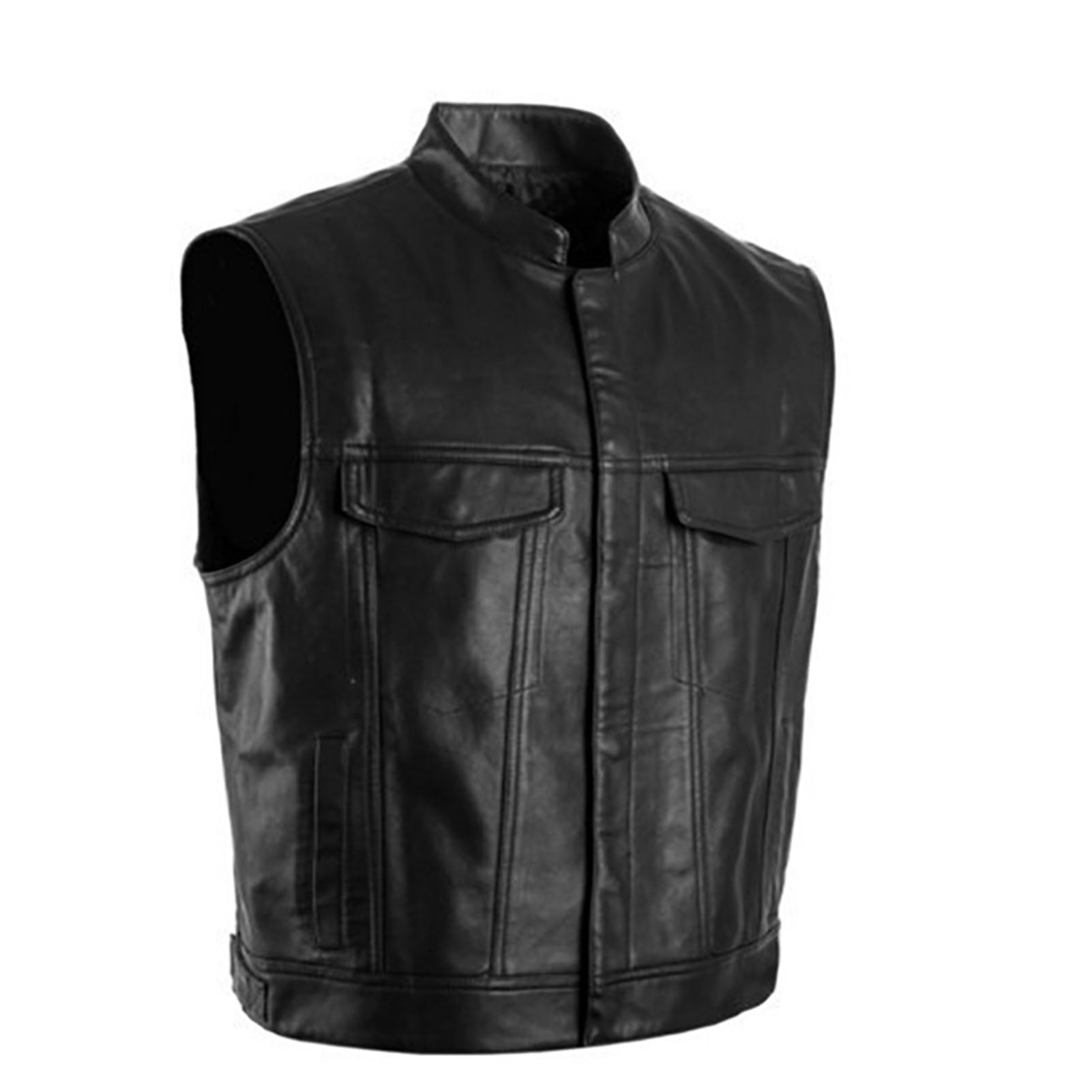 Stand Collar, Sleeveless, V-Neck, Motorcycle Style - Black