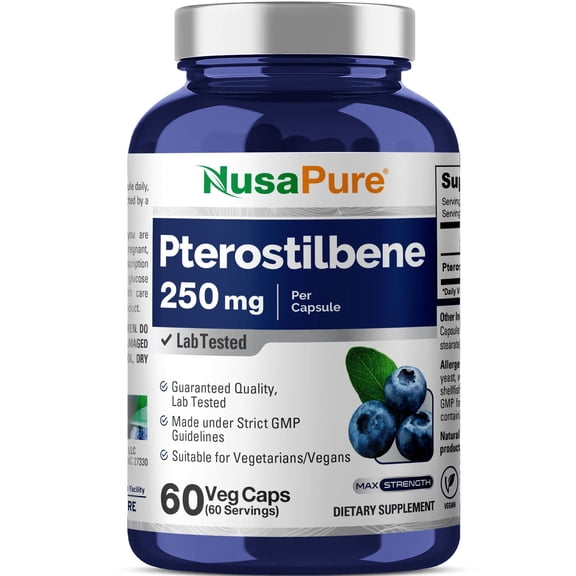 NusaPure Pterostilbene - Suitable for Vegetarian/Vegan, Non- GMO - 250mg - 60 Capsules