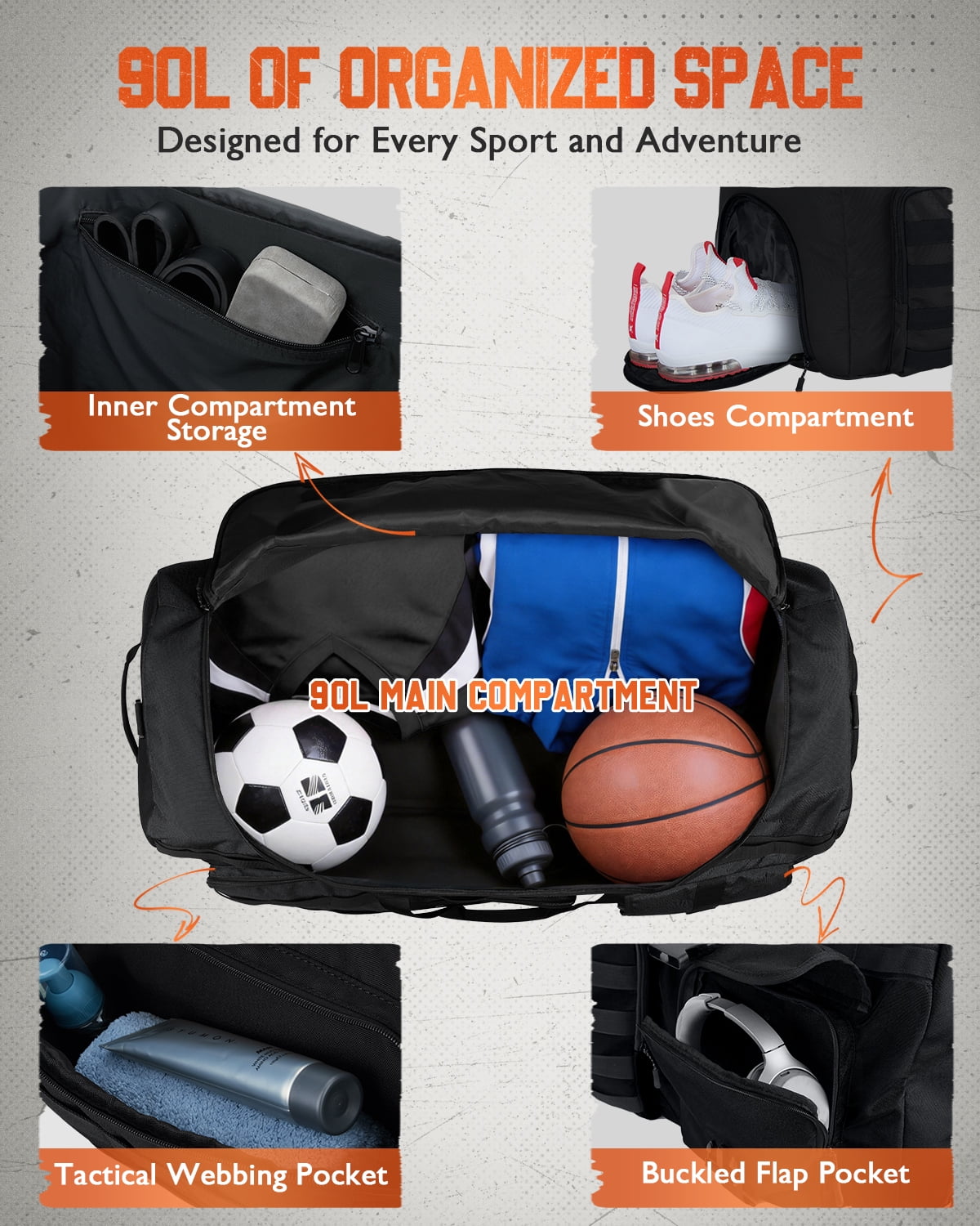 Gonex 90L Travel Duffel Bag for Men, 3 in 1 Extra Large Gym Bag Backpack with Shoes Compartment for Weekender Sports Workout