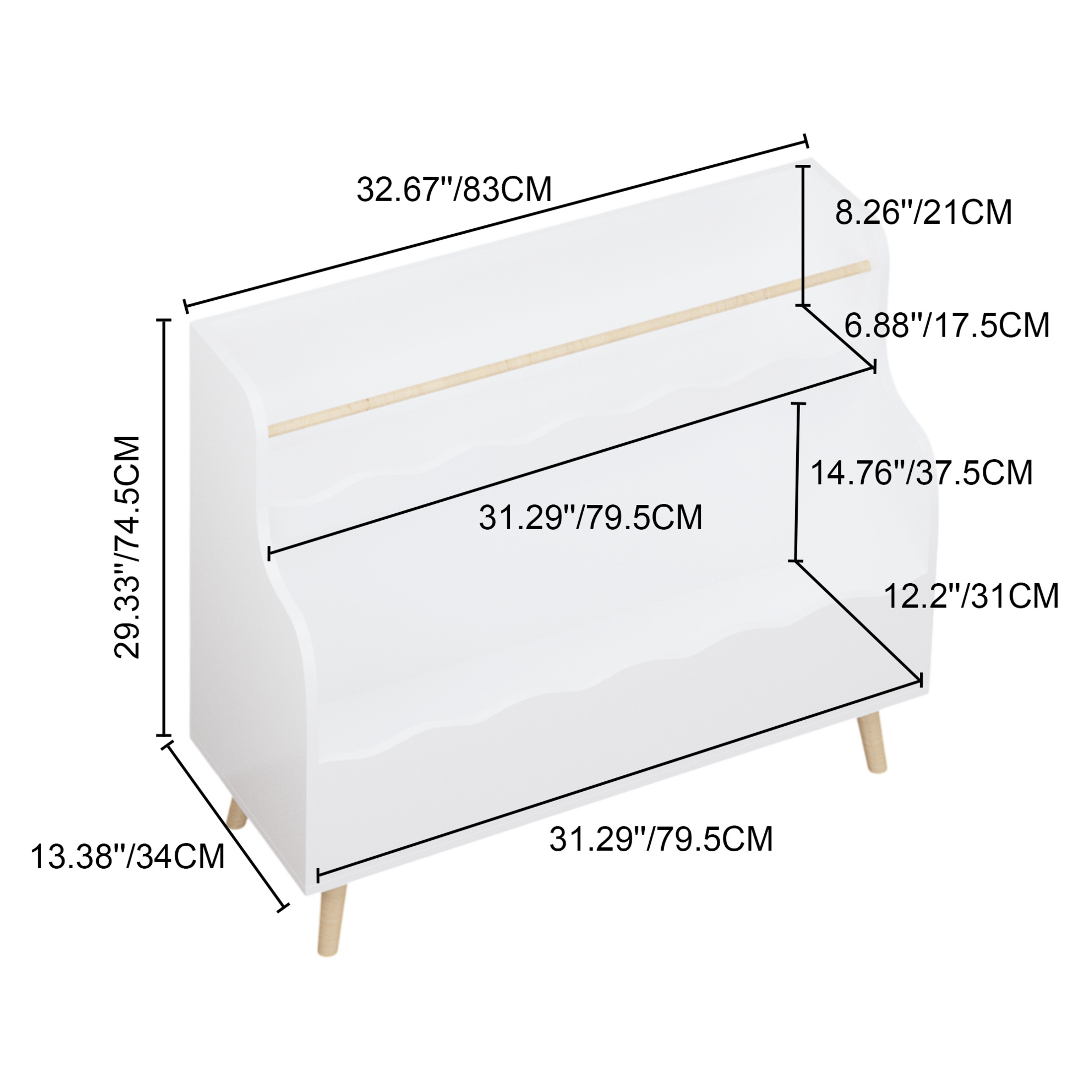 Noble House 31.3" Kids 2-Tier Bookcase with Rod, Wavy Front Book and Toy Storage Cabinet Organizer, Kid Room, White